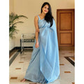 Snuggle Spot Women's Litchi silk Printed Saree With Unstitched Blouse (Light Blue)