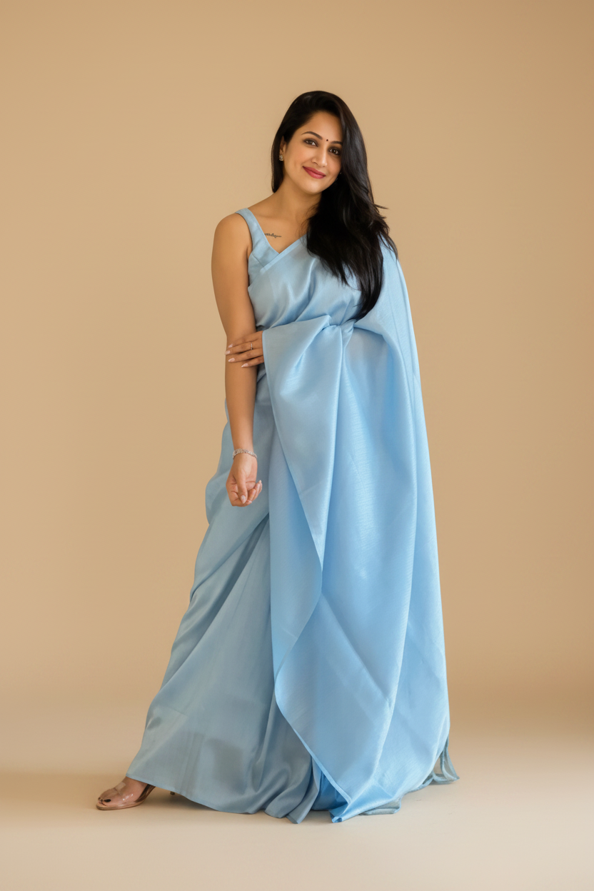 Snuggle Spot Women's Litchi silk Printed Saree With Unstitched Blouse (Light Blue)