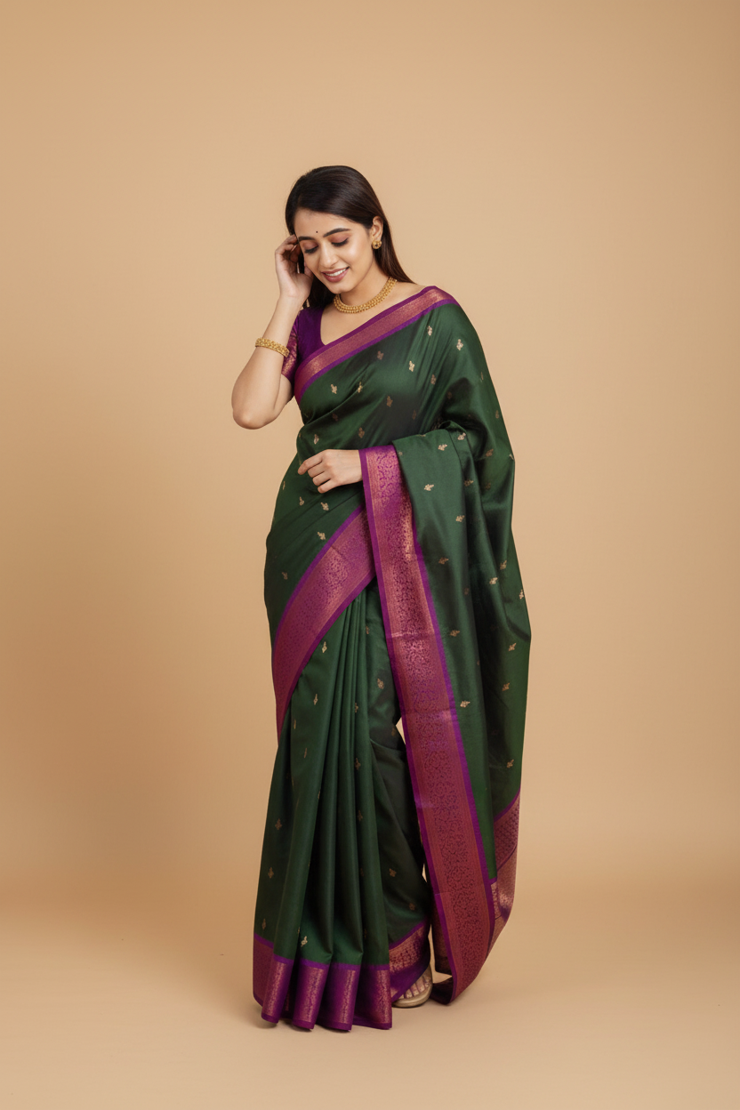 Snuggle Spot Women's Litchi silk Printed Saree With Unstitched Blouse (Dark Green)