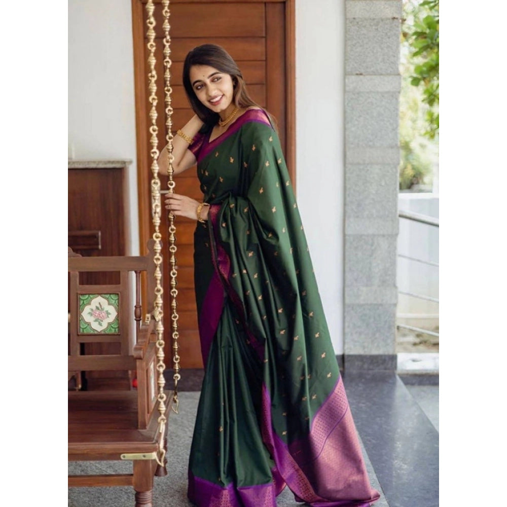 Snuggle Spot Women's Litchi silk Printed Saree With Unstitched Blouse (Dark Green)