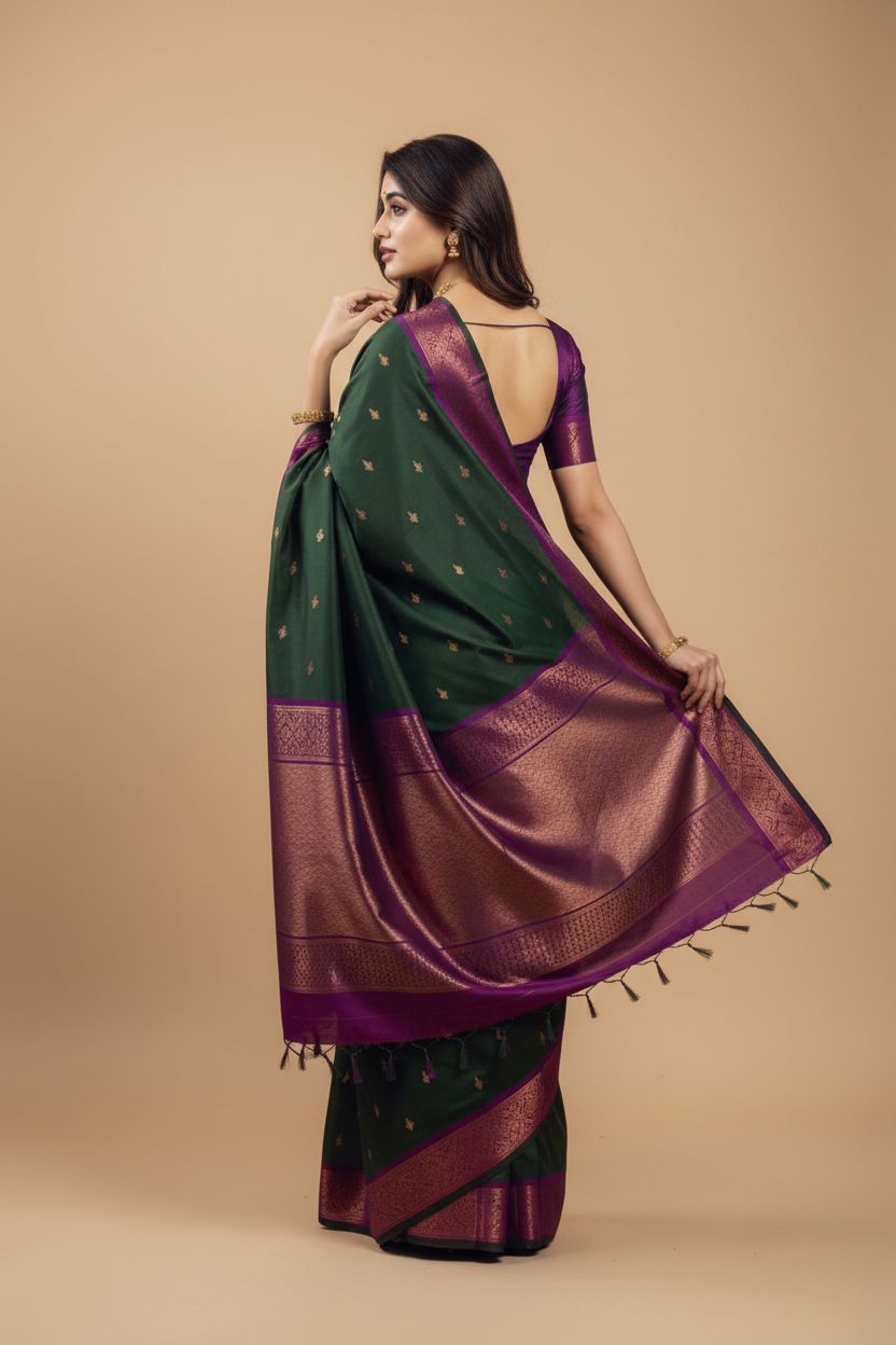 Snuggle Spot Women's Litchi silk Printed Saree With Unstitched Blouse (Dark Green)