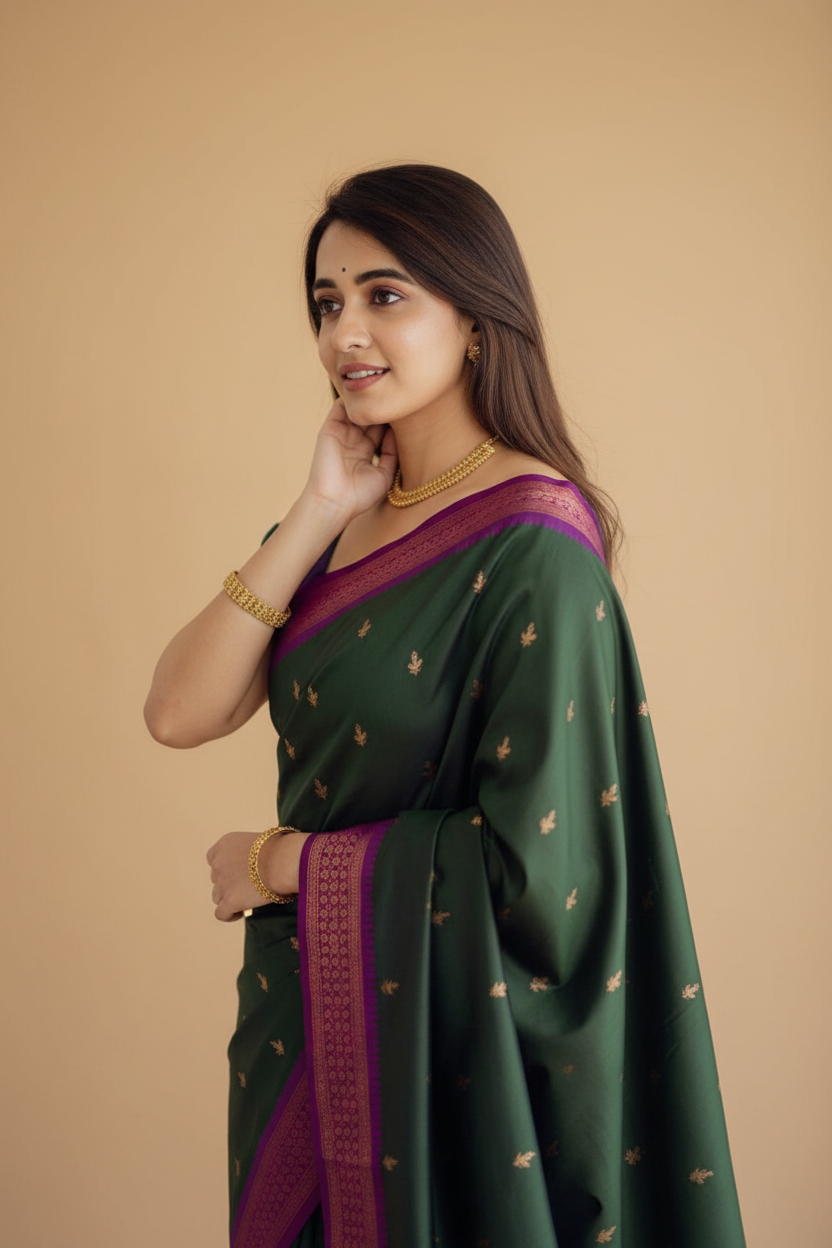 Snuggle Spot Women's Litchi silk Printed Saree With Unstitched Blouse (Dark Green)