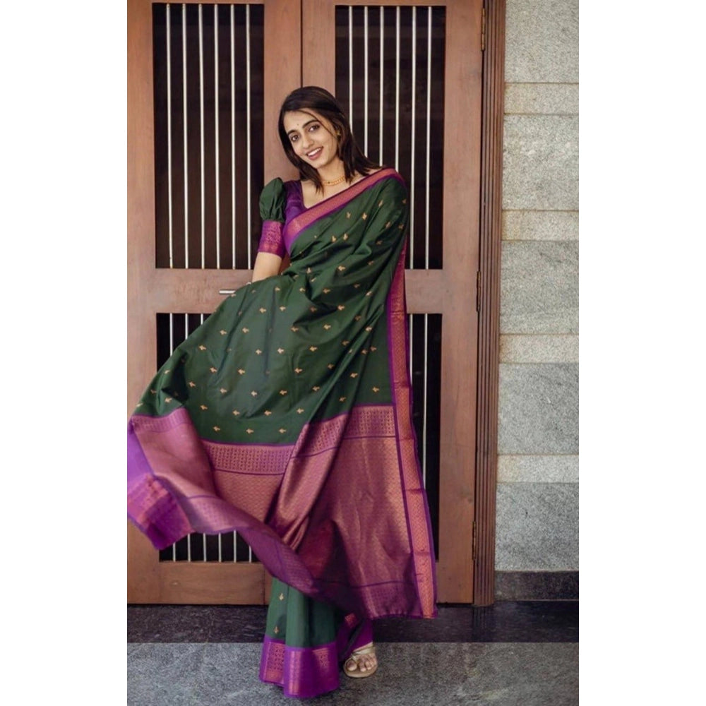 Snuggle Spot Women's Litchi silk Printed Saree With Unstitched Blouse (Dark Green)