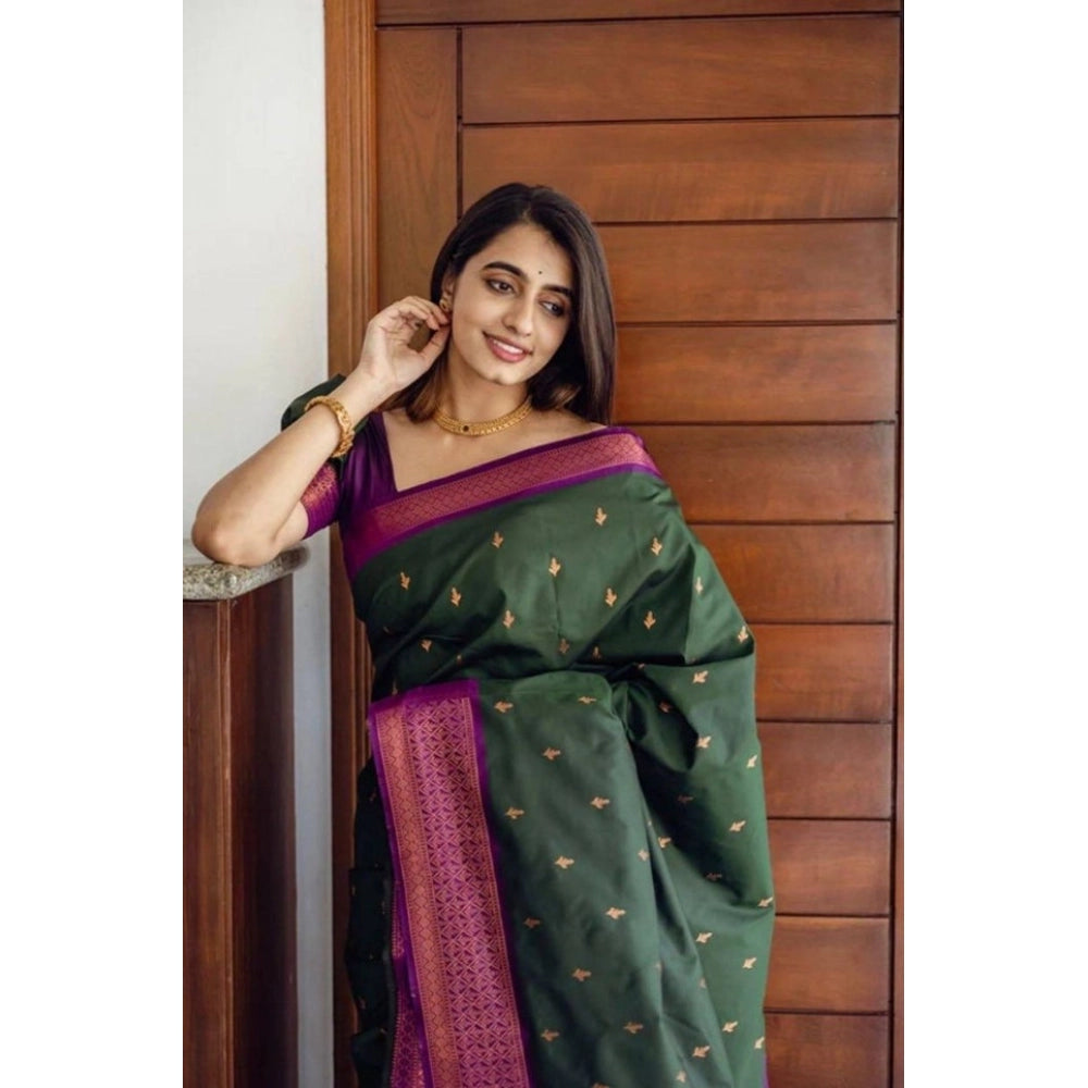 Snuggle Spot Women's Litchi silk Printed Saree With Unstitched Blouse (Dark Green)