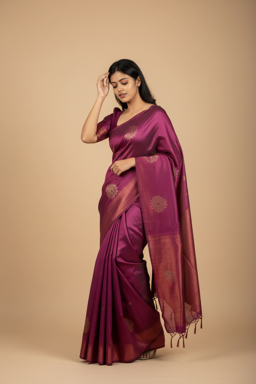 Snuggle Spot Women's Litchi silk Printed Saree With Unstitched Blouse (Dark Pink)