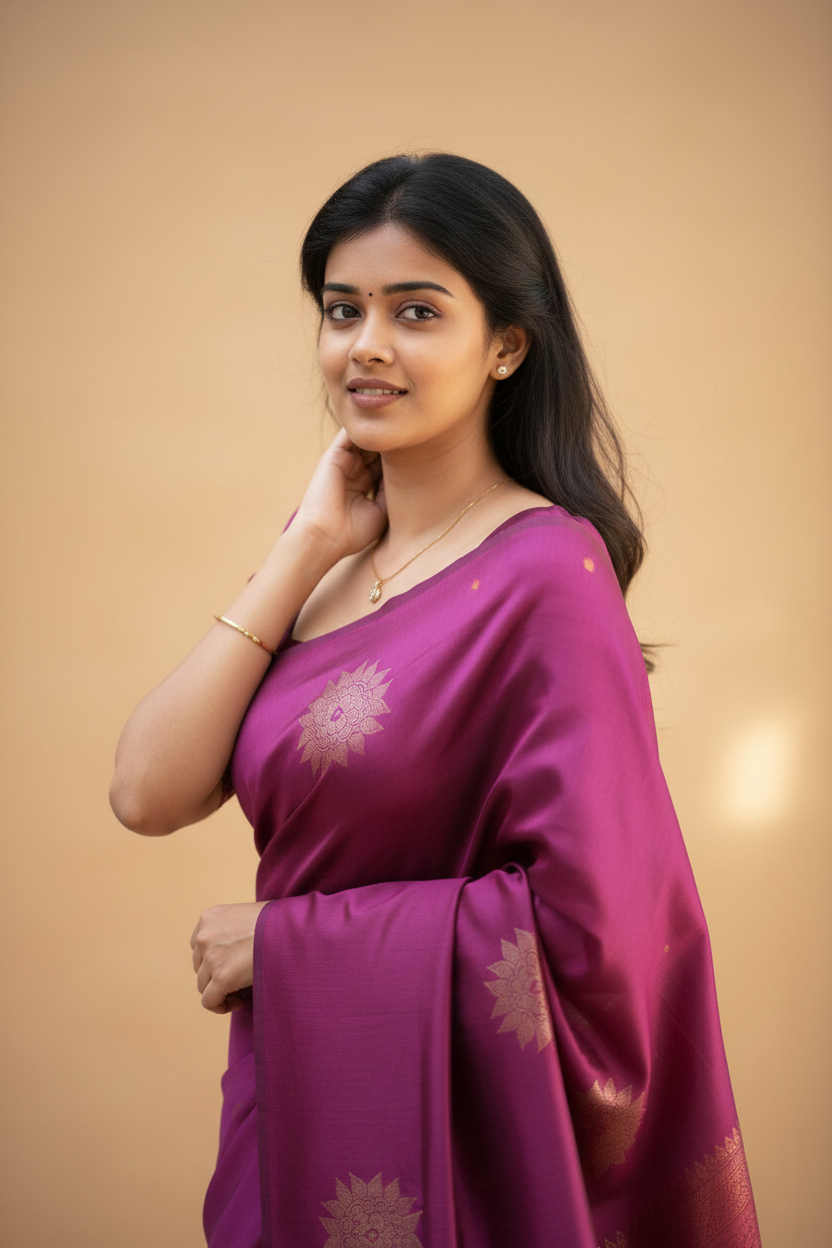 Snuggle Spot Women's Litchi silk Printed Saree With Unstitched Blouse (Dark Pink)