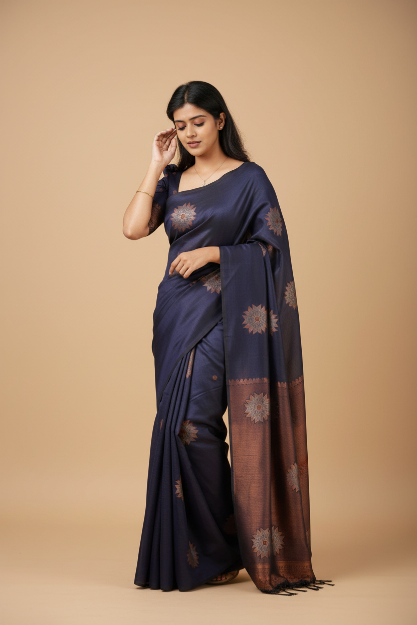 Snuggle Spot Women's Litchi silk Printed Saree With Unstitched Blouse (Dark Blue)
