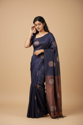Snuggle Spot Women's Litchi silk Printed Saree With Unstitched Blouse (Dark Blue)
