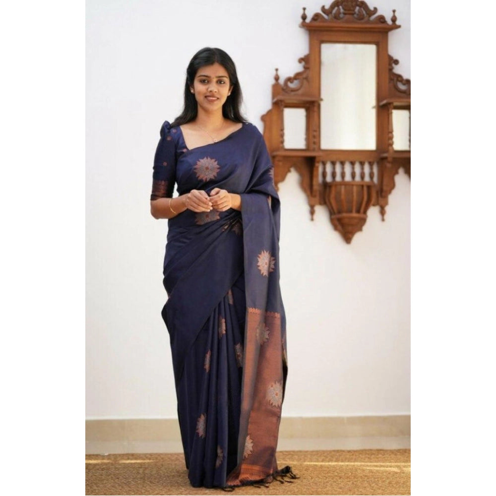 Snuggle Spot Women's Litchi silk Printed Saree With Unstitched Blouse (Dark Blue)