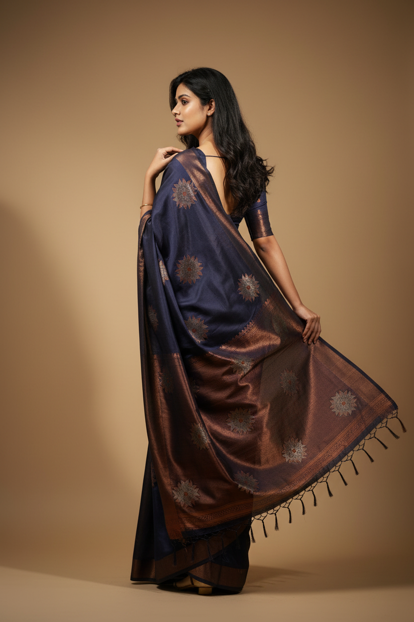 Snuggle Spot Women's Litchi silk Printed Saree With Unstitched Blouse (Dark Blue)