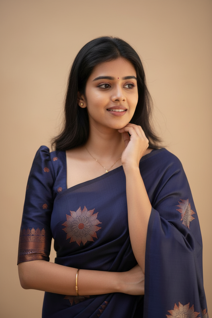 Snuggle Spot Women's Litchi silk Printed Saree With Unstitched Blouse (Dark Blue)