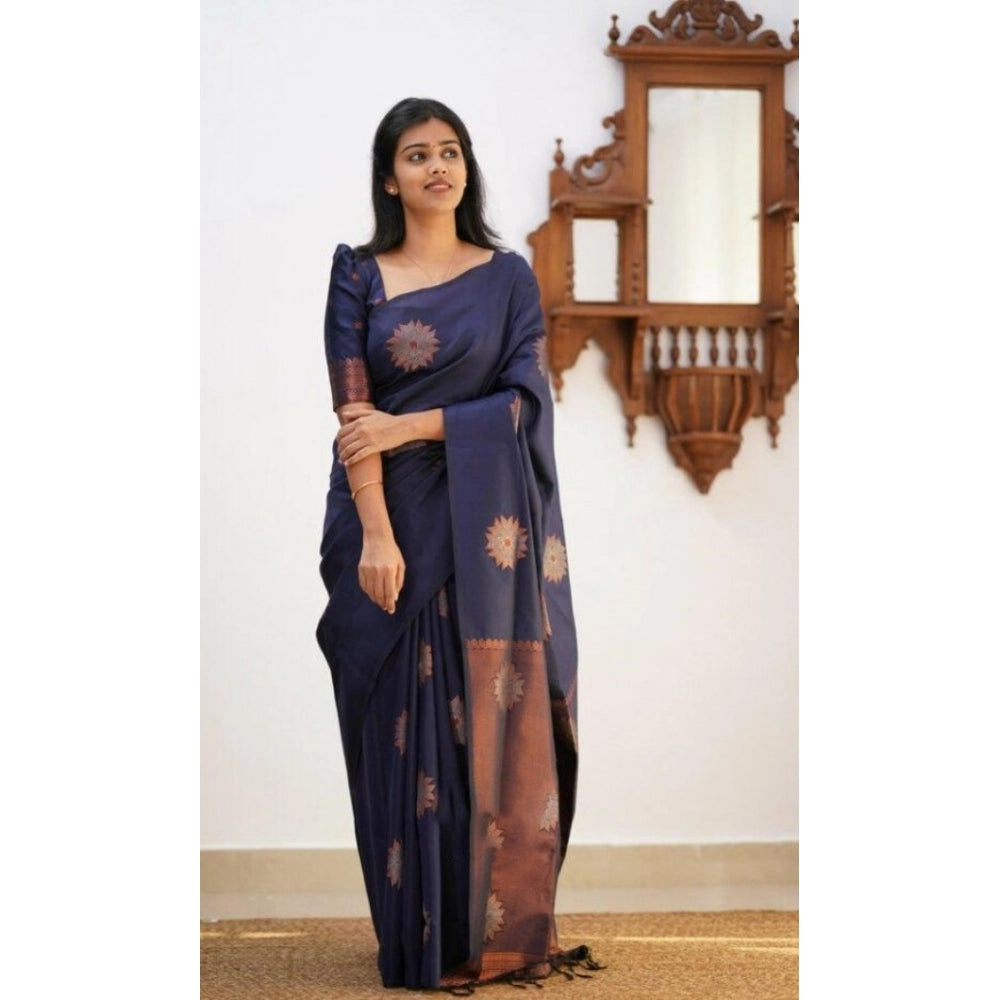 Snuggle Spot Women's Litchi silk Printed Saree With Unstitched Blouse (Dark Blue)
