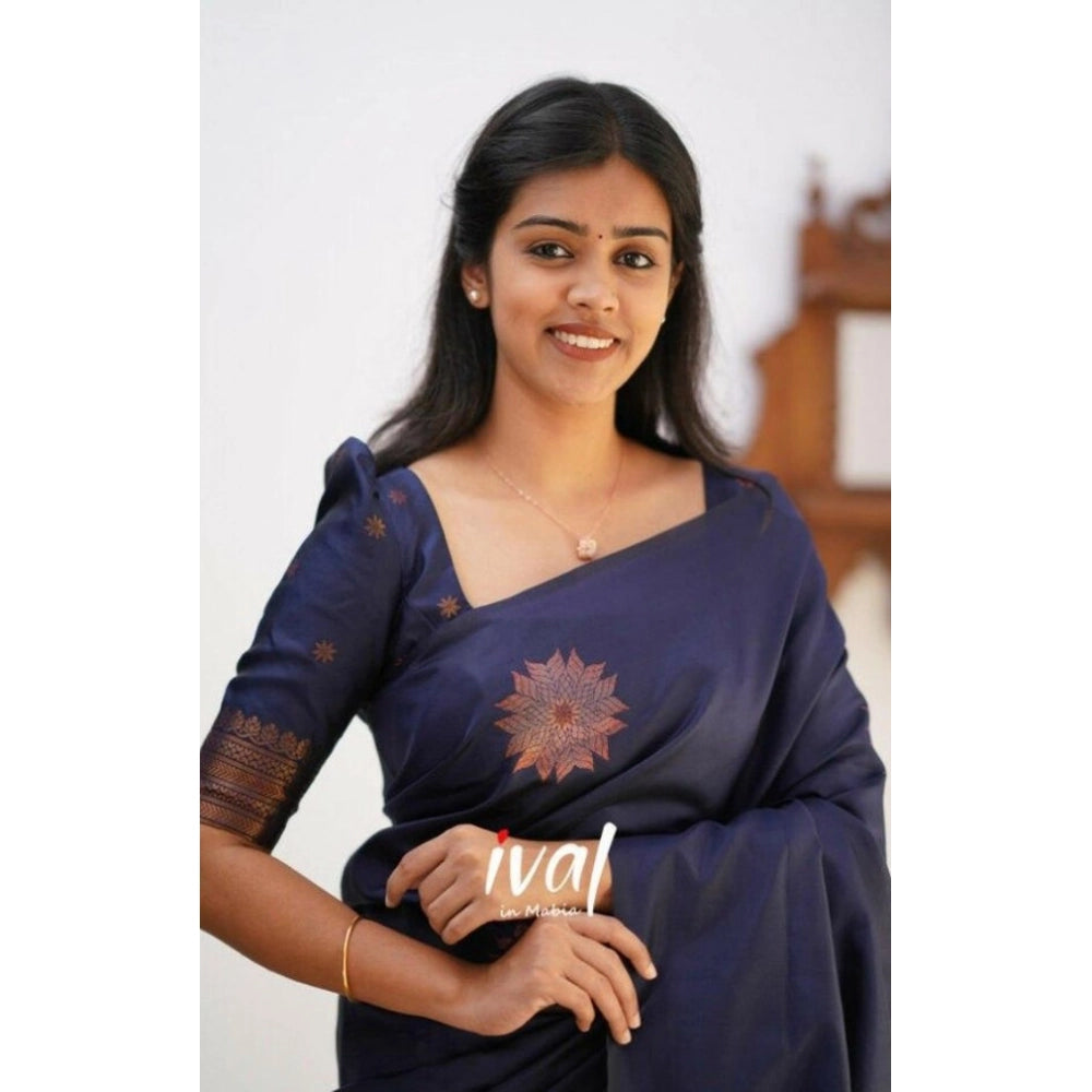 Snuggle Spot Women's Litchi silk Printed Saree With Unstitched Blouse (Dark Blue)
