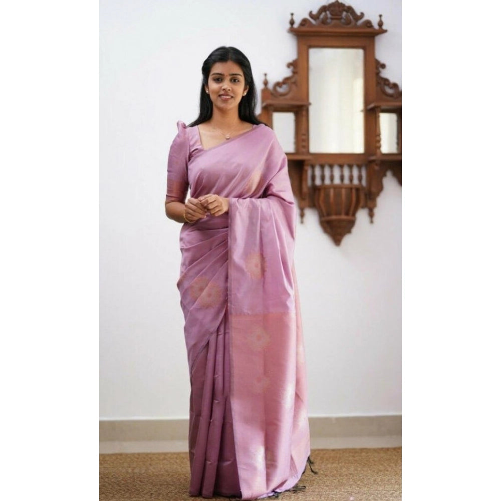 Snuggle Spot Women's Litchi silk Printed Saree With Unstitched Blouse (Light Pink)