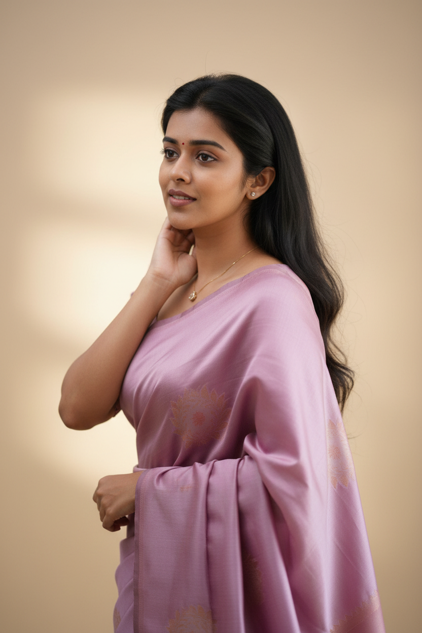 Snuggle Spot Women's Litchi silk Printed Saree With Unstitched Blouse (Light Pink)
