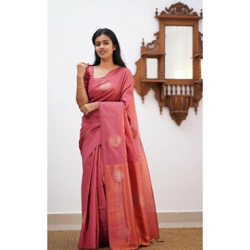 Snuggle Spot Women's Litchi silk Printed Saree With Unstitched Blouse (Peach)