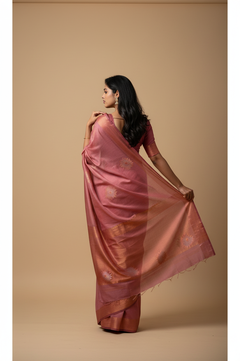 Snuggle Spot Women's Litchi silk Printed Saree With Unstitched Blouse (Peach)