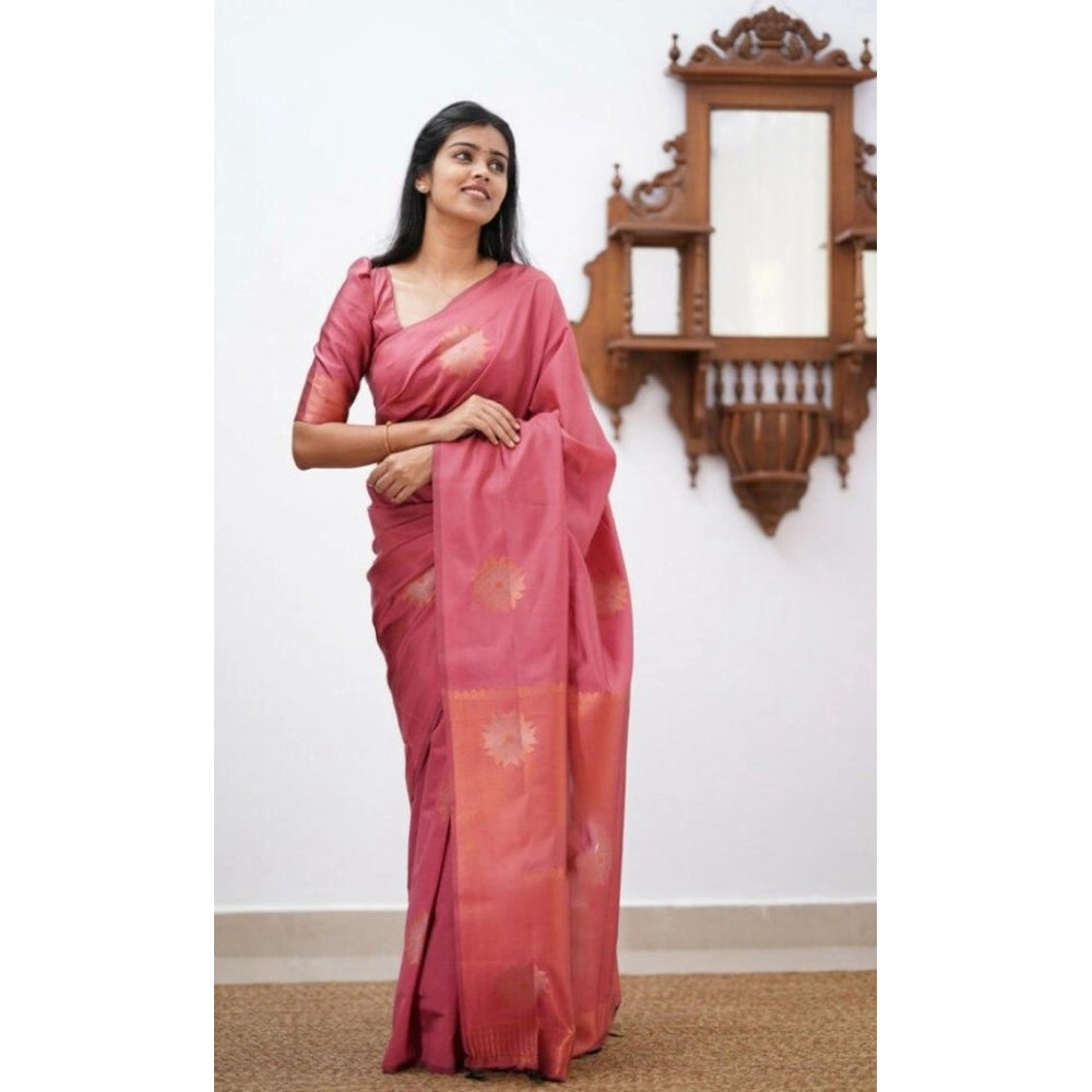 Snuggle Spot Women's Litchi silk Printed Saree With Unstitched Blouse (Peach)