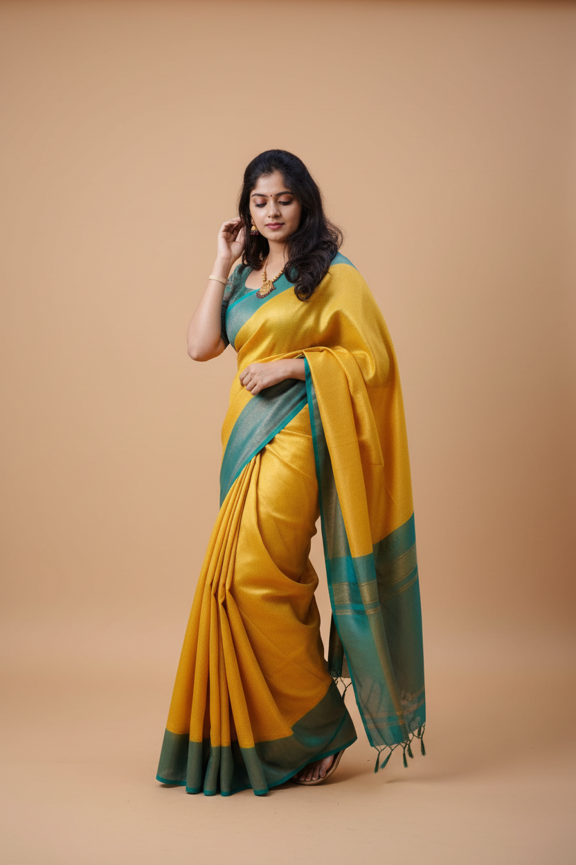 Snuggle Spot Women's Litchi silk Printed Saree With Unstitched Blouse (Yellow)