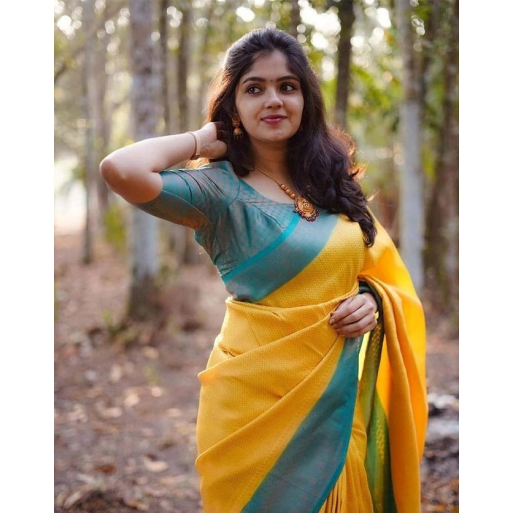 Snuggle Spot Women's Litchi silk Printed Saree With Unstitched Blouse (Yellow)