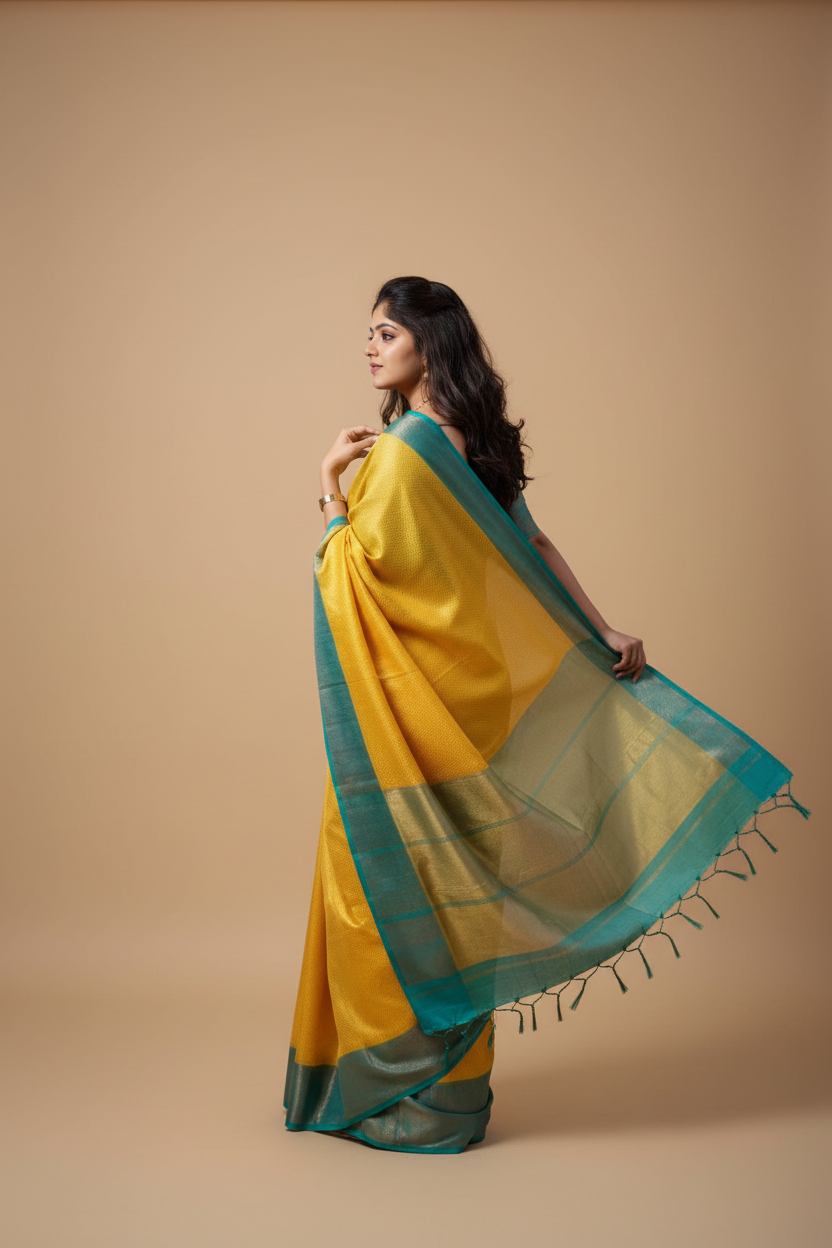 Snuggle Spot Women's Litchi silk Printed Saree With Unstitched Blouse (Yellow)