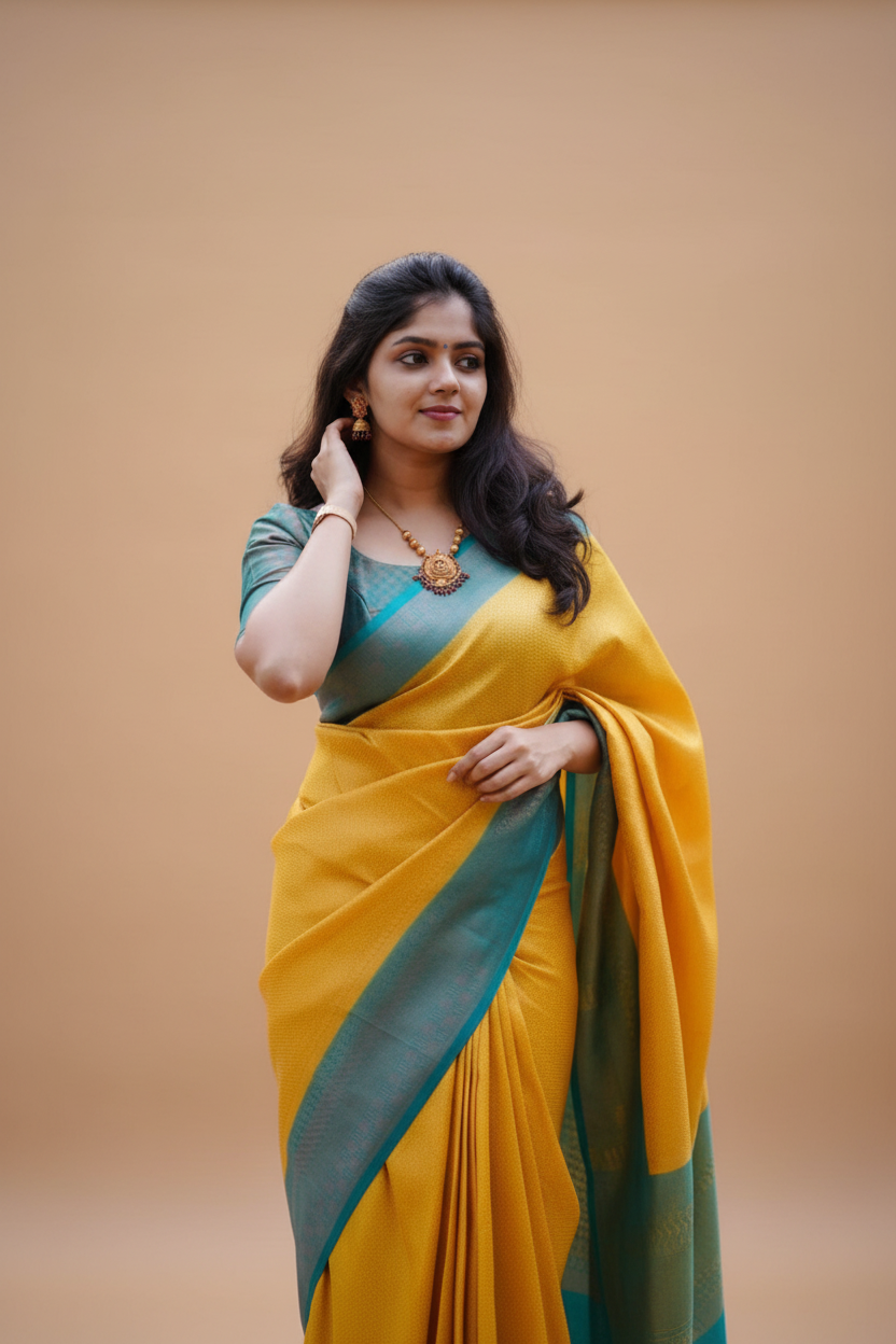 Snuggle Spot Women's Litchi silk Printed Saree With Unstitched Blouse (Yellow)