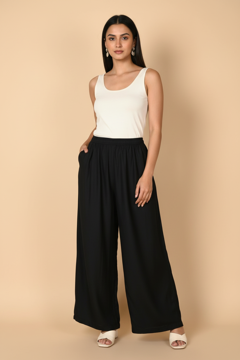 Snuggle Spot Women's Casual Rayon Solid Ankle Length Palazzo (Black, Free Size)