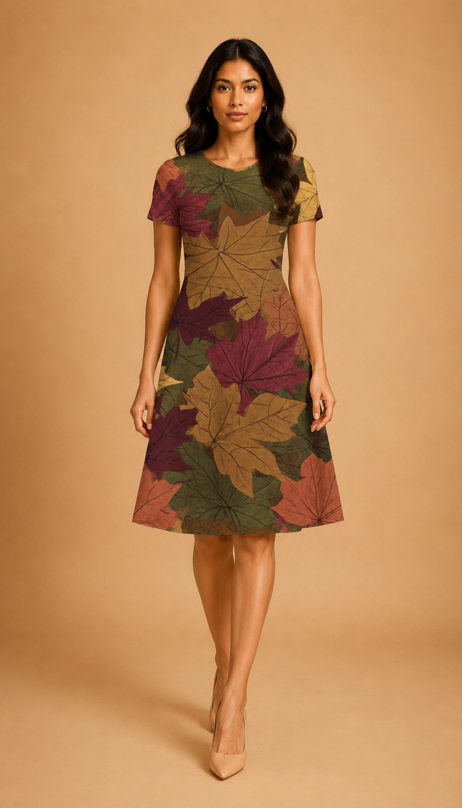 Red Beige Maple Leaf Design Casual One Piece Dress Knee Length for Women