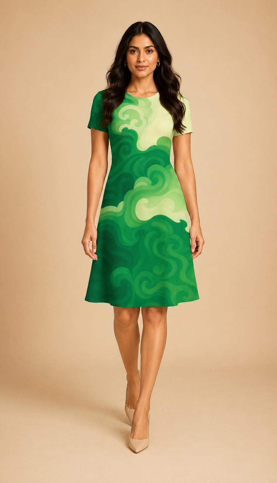 Green Color Water Flow Casual One Piece Dress Knee Length for Women