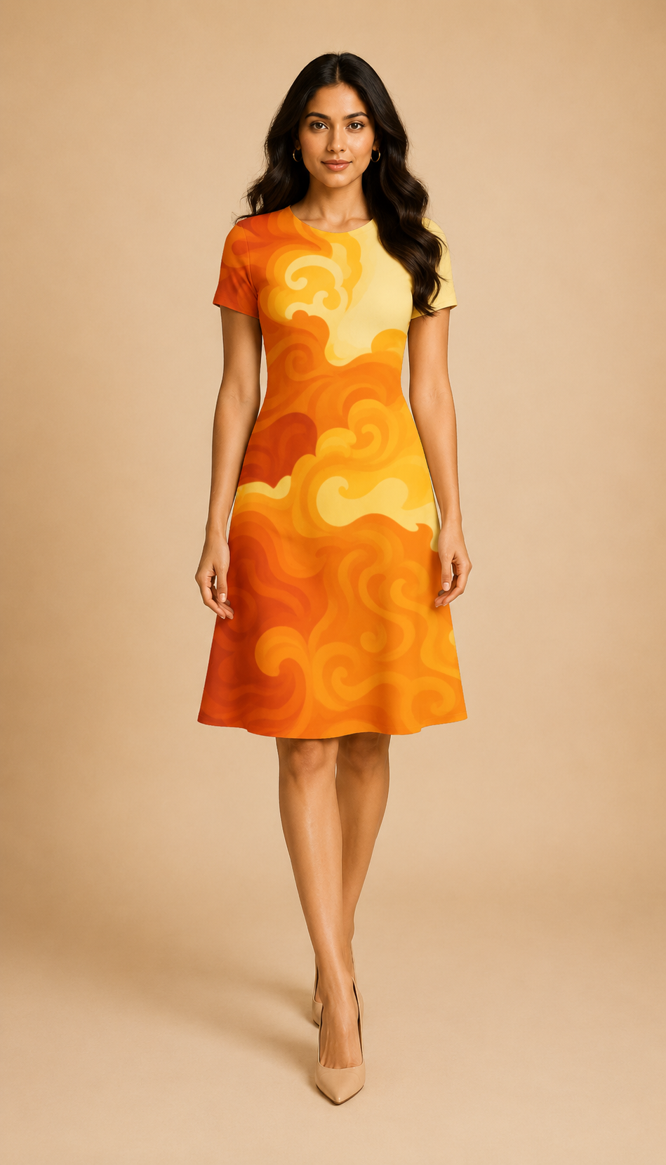 Orange Water Flow Casual One Piece Dress Knee Length for Women