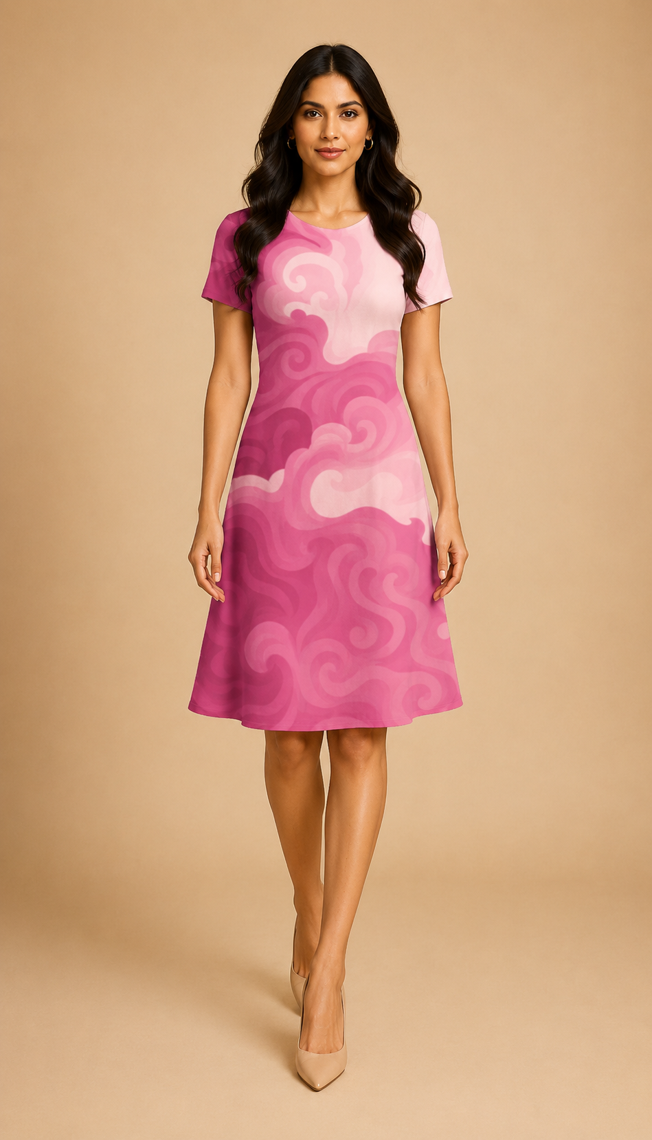Pinkish Color Water Flow Casual One Piece Dress Knee Length for Women