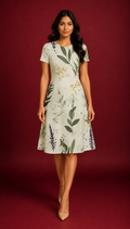 Greenish Leafy Casual One Piece Dress Knee Length for Women