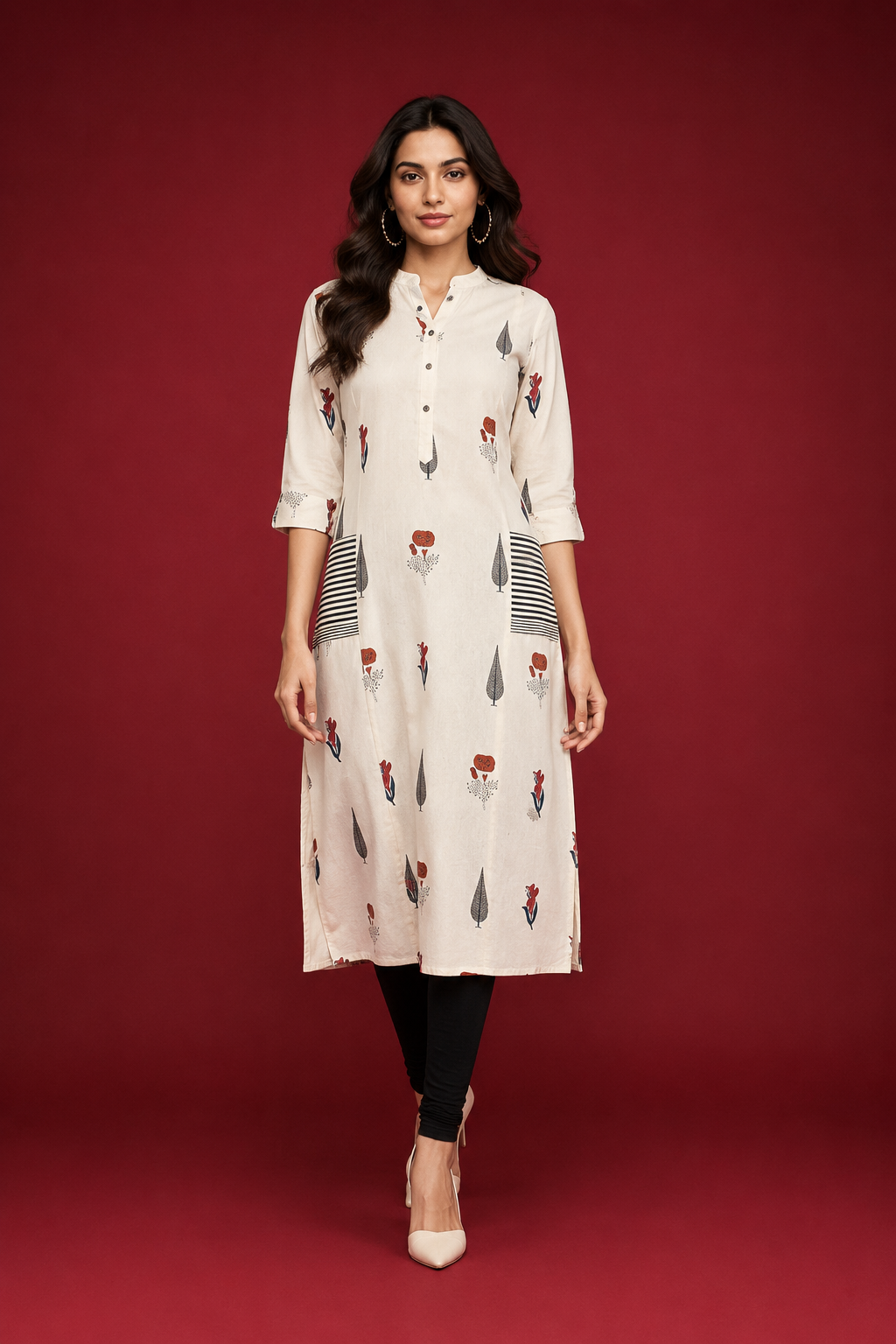 Snuggle Spot Women's Khadi Printed A Line Kurti (Off White, Khadi)