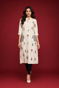 Snuggle Spot Women's Khadi Printed A Line Kurti (Off White, Khadi)