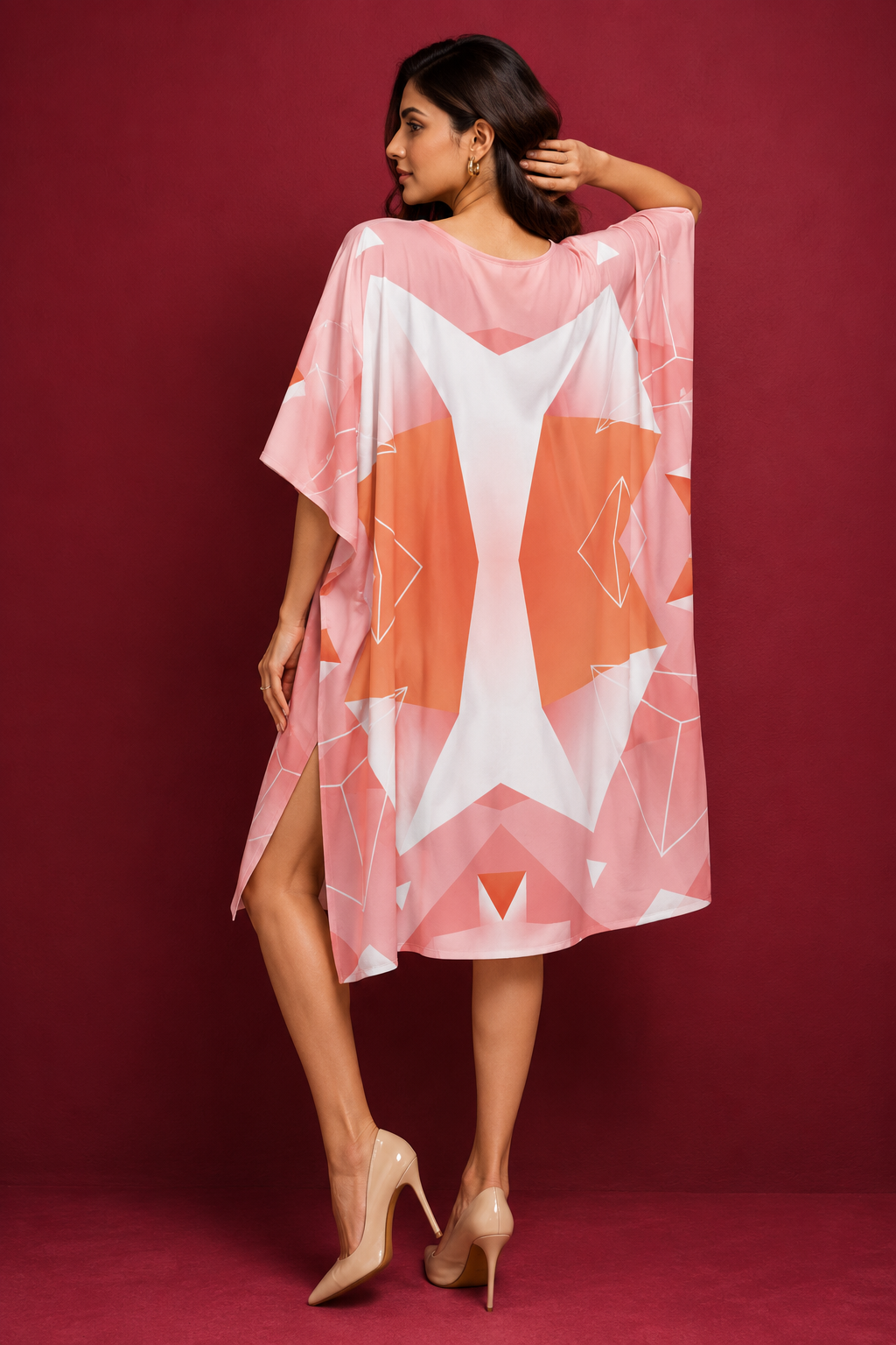 Snuggle Spot Baby Pink Abstract Design Women’s Satin Kaftan Dress | Abstract Printed Free Size Kaftan (M–3XL) | Lightweight Breathable Lounge Wear | Stylish V-Neck Maxi Kaftan