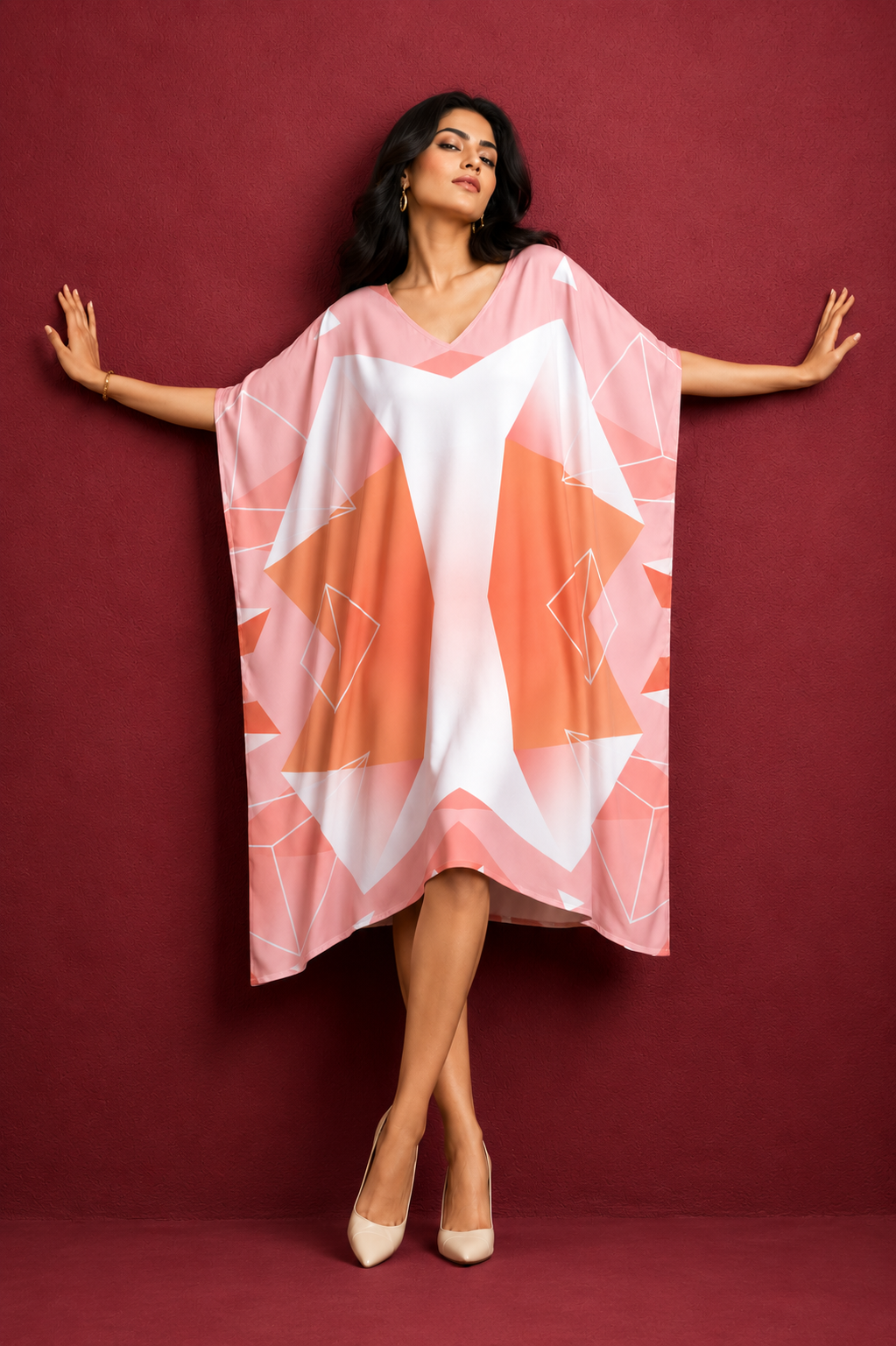 Snuggle Spot Baby Pink Abstract Design Women’s Satin Kaftan Dress | Abstract Printed Free Size Kaftan (M–3XL) | Lightweight Breathable Lounge Wear | Stylish V-Neck Maxi Kaftan