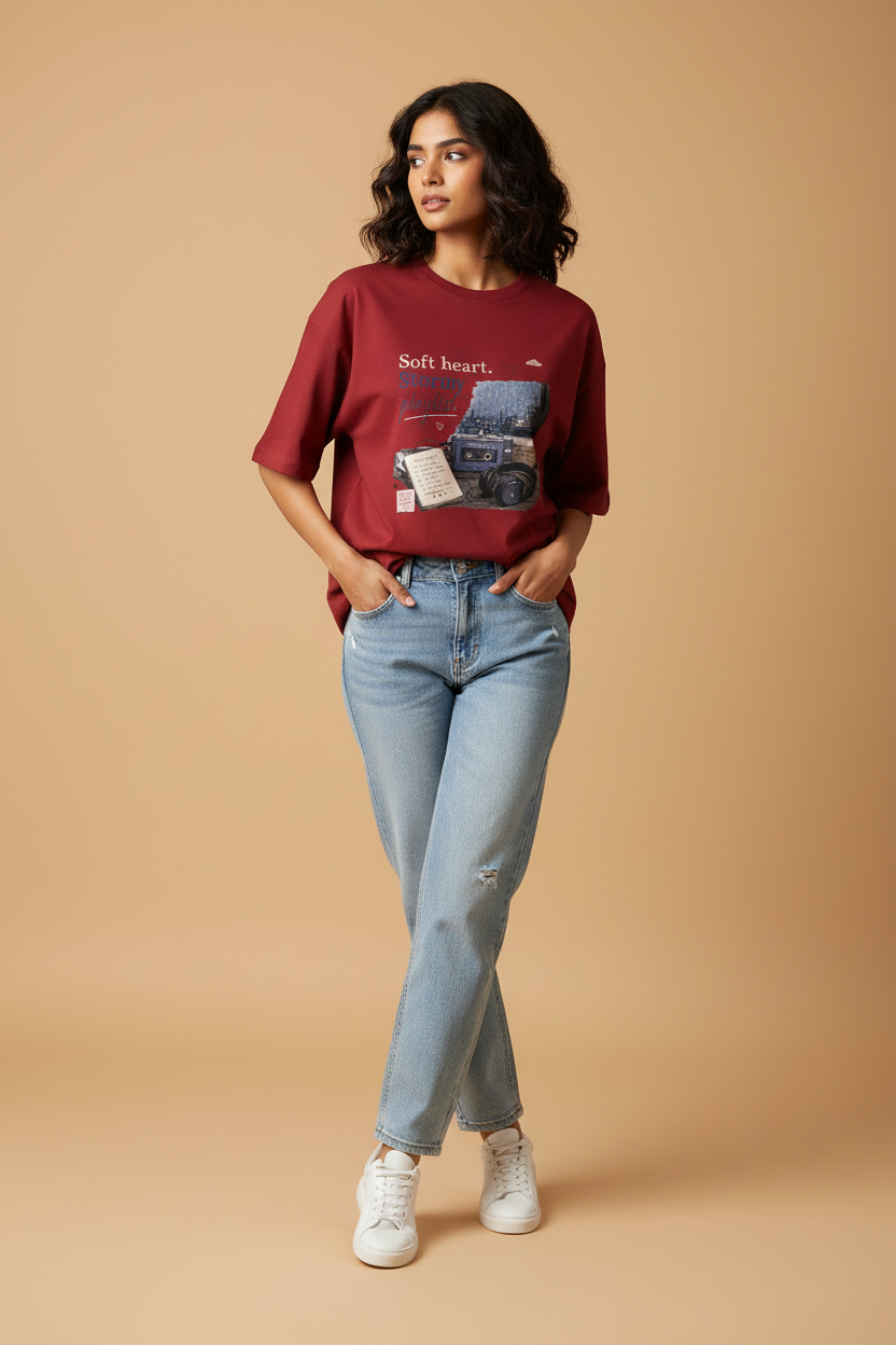 Snuggle Spot Soft Heart Stormy Playlist Lighter Shade Unisex Oversized T-shirt