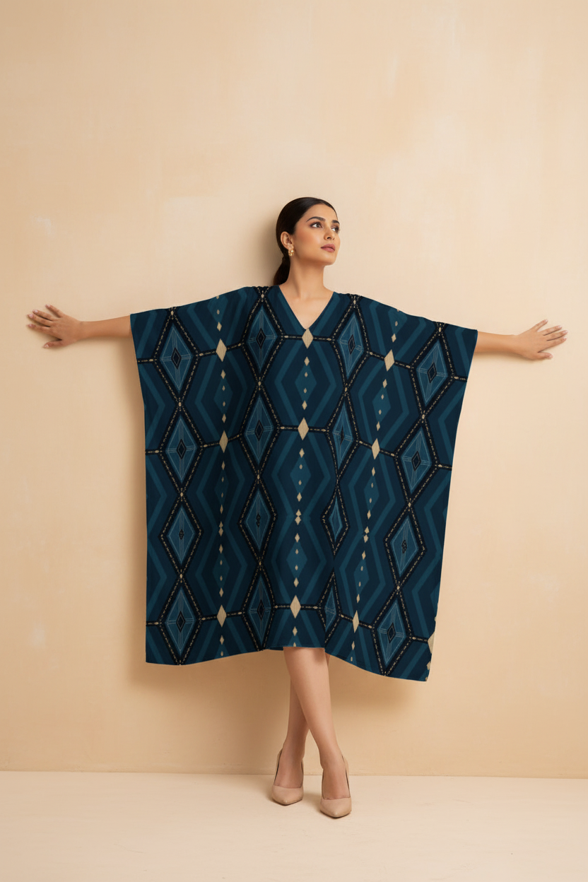Snuggle Spot Navy Blue Women’s Satin Kaftan Dress | Abstract Printed Free Size Kaftan (M–3XL) | Lightweight Breathable Lounge Wear | Stylish V-Neck Maxi Kaftan