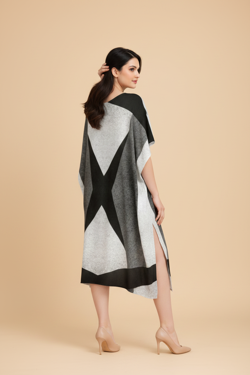 Snuggle Spot Black and White Abstract Pattern Women’s Satin Kaftan Dress | Abstract Printed Free Size Kaftan (M–3XL) | Lightweight Breathable Lounge Wear | Stylish V-Neck Maxi Kaftan