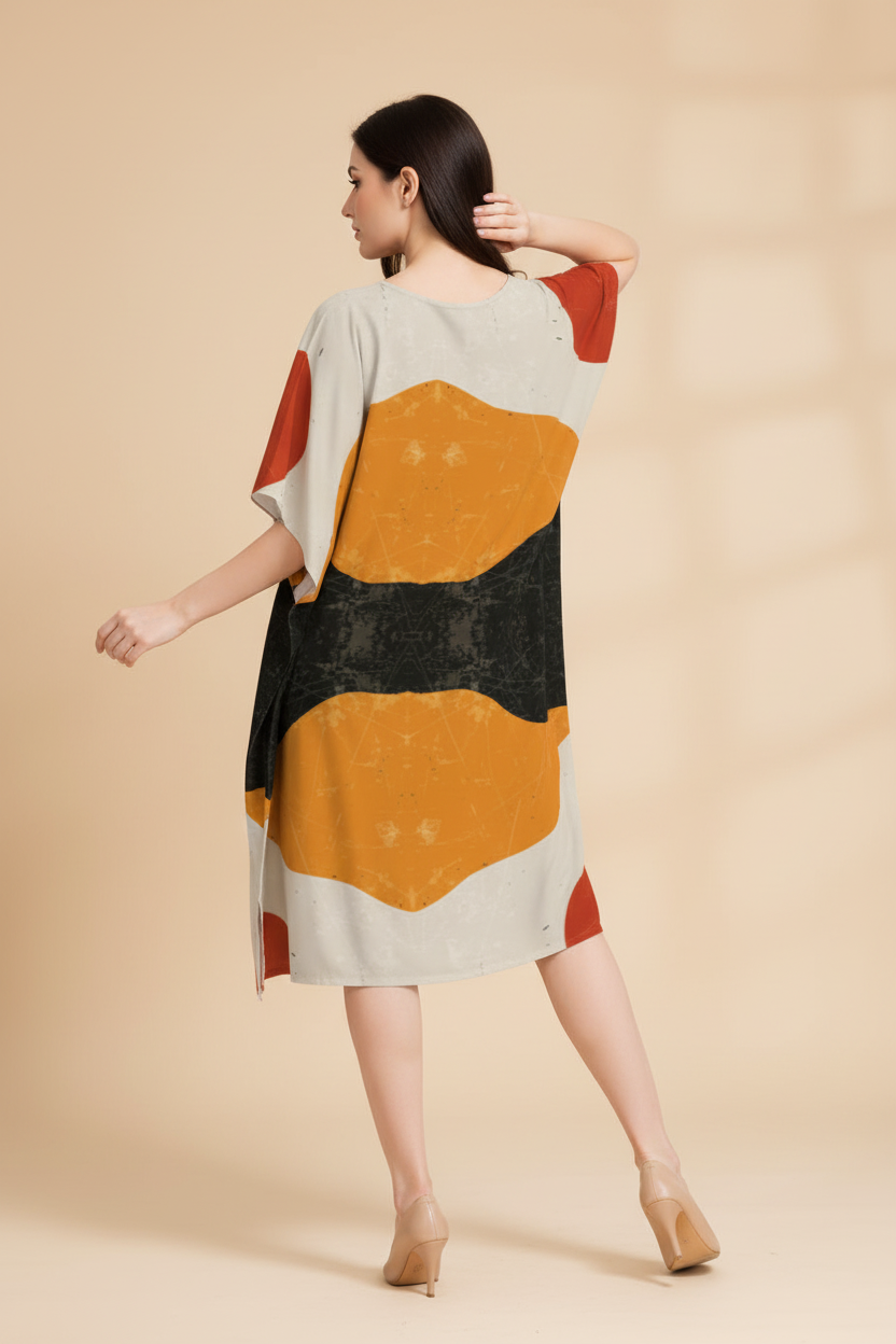Snuggle Spot Minimal Abstract Design Women’s Satin Kaftan Dress | Abstract Printed Free Size Kaftan (M–3XL) | Lightweight Breathable Lounge Wear | Stylish V-Neck Maxi Kaftan