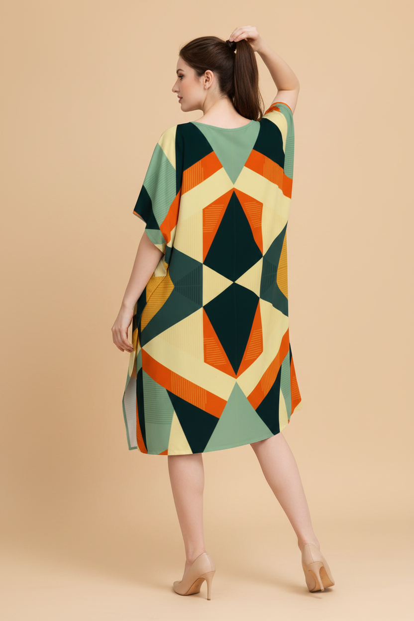 Snuggle Spot Geometric Abstract Pattern Women’s Satin Kaftan Dress | Abstract Printed Free Size Kaftan (M–3XL) | Lightweight Breathable Lounge Wear | Stylish V-Neck Maxi Kaftan