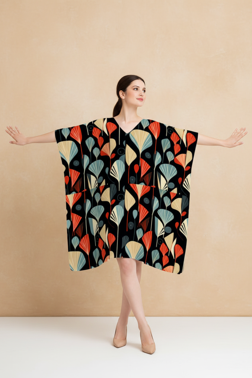 Snuggle Spot Floral Abstract Pattern Women’s Satin Kaftan Dress | Abstract Printed Free Size Kaftan (M–3XL) | Lightweight Breathable Lounge Wear | Stylish V-Neck Maxi Kaftan
