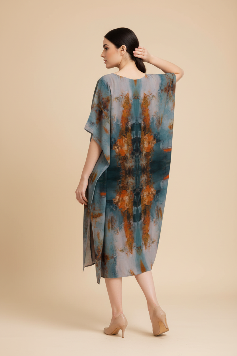 Snuggle Spot Abstract Pattern Women’s Satin Kaftan Dress | Abstract Printed Free Size Kaftan (M–3XL) | Lightweight Breathable Lounge Wear | Stylish V-Neck Maxi Kaftan