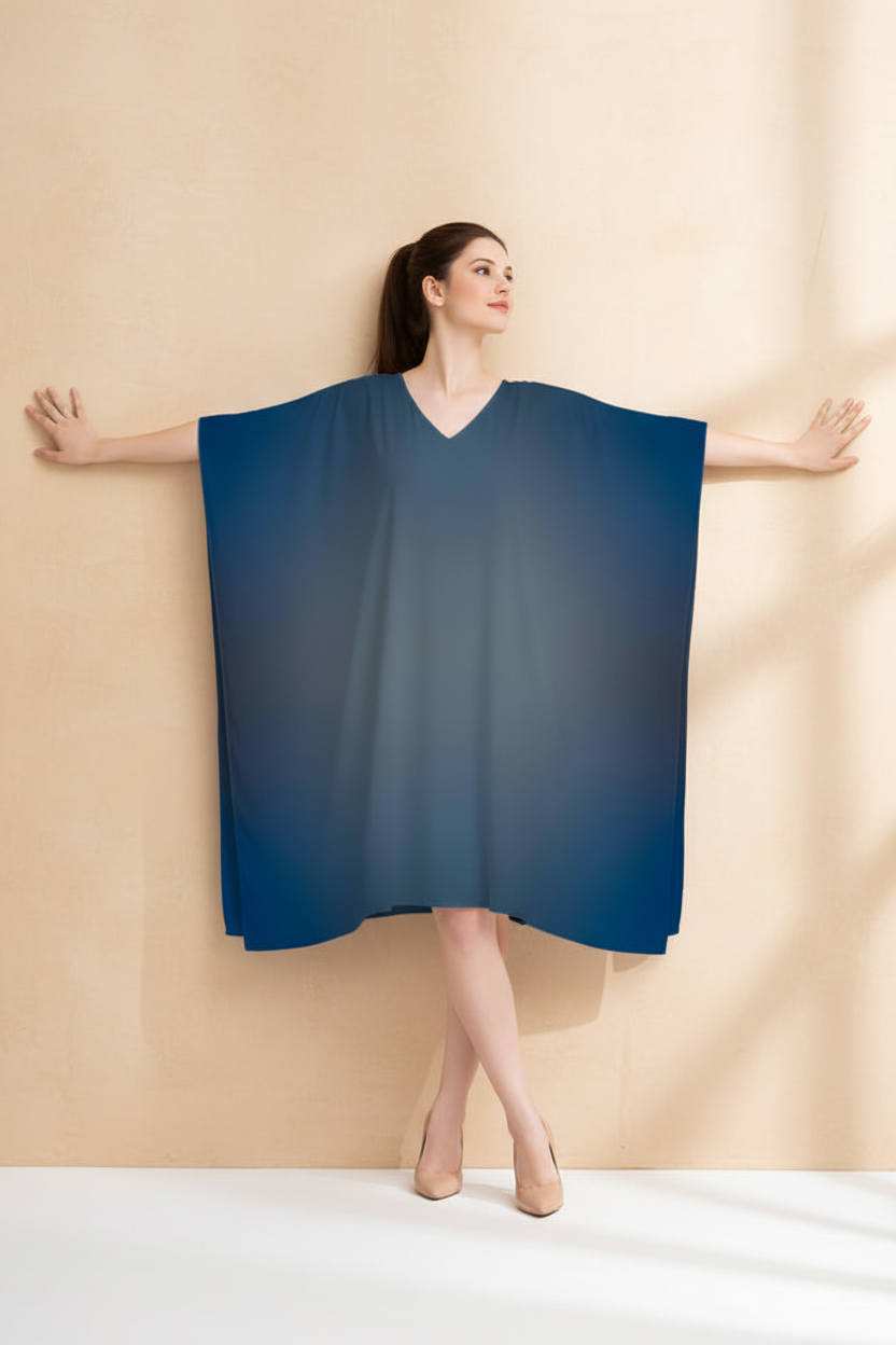 Snuggle Spot Violet Ombre Pattern Women’s Satin Kaftan Dress | Abstract Printed Free Size Kaftan (M–3XL) | Lightweight Breathable Lounge Wear | Stylish V-Neck Maxi Kaftan