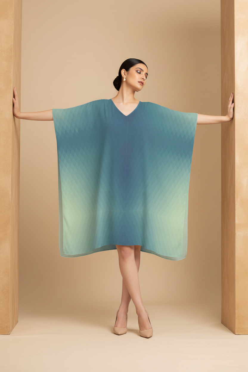 Snuggle Spot Bluish Ombre Pattern Women’s Satin Kaftan Dress | Abstract Printed Free Size Kaftan (M–3XL) | Lightweight Breathable Lounge Wear | Stylish V-Neck Maxi Kaftan