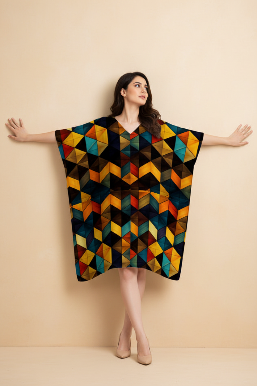 Snuggle Spot Kaleidoscopic Pattern Women’s Satin Kaftan Dress | Abstract Printed Free Size Kaftan (M–3XL) | Lightweight Breathable Lounge Wear | Stylish V-Neck Maxi Kaftan