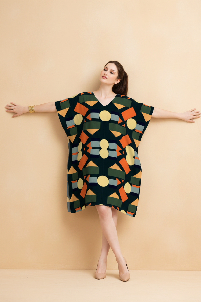 Snuggle Spot Black Orange Geometric Pattern Women’s Satin Kaftan Dress | Abstract Printed Free Size Kaftan (M–3XL) | Lightweight Breathable Lounge Wear | Stylish V-Neck Maxi Kaftan