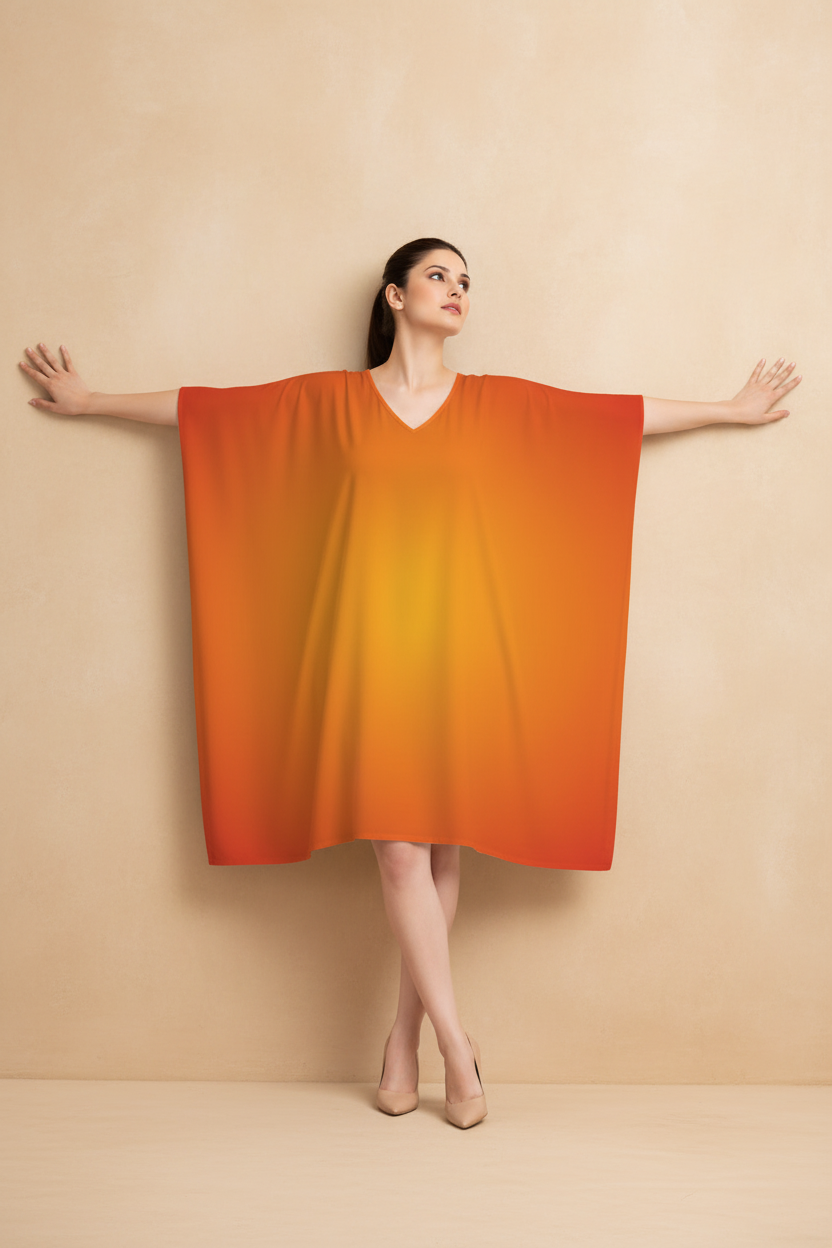 Snuggle Spot Orange Blue Ombre Pattern Women’s Satin Kaftan Dress | Abstract Printed Free Size Kaftan (M–3XL) | Lightweight Breathable Lounge Wear | Stylish V-Neck Maxi Kaftan