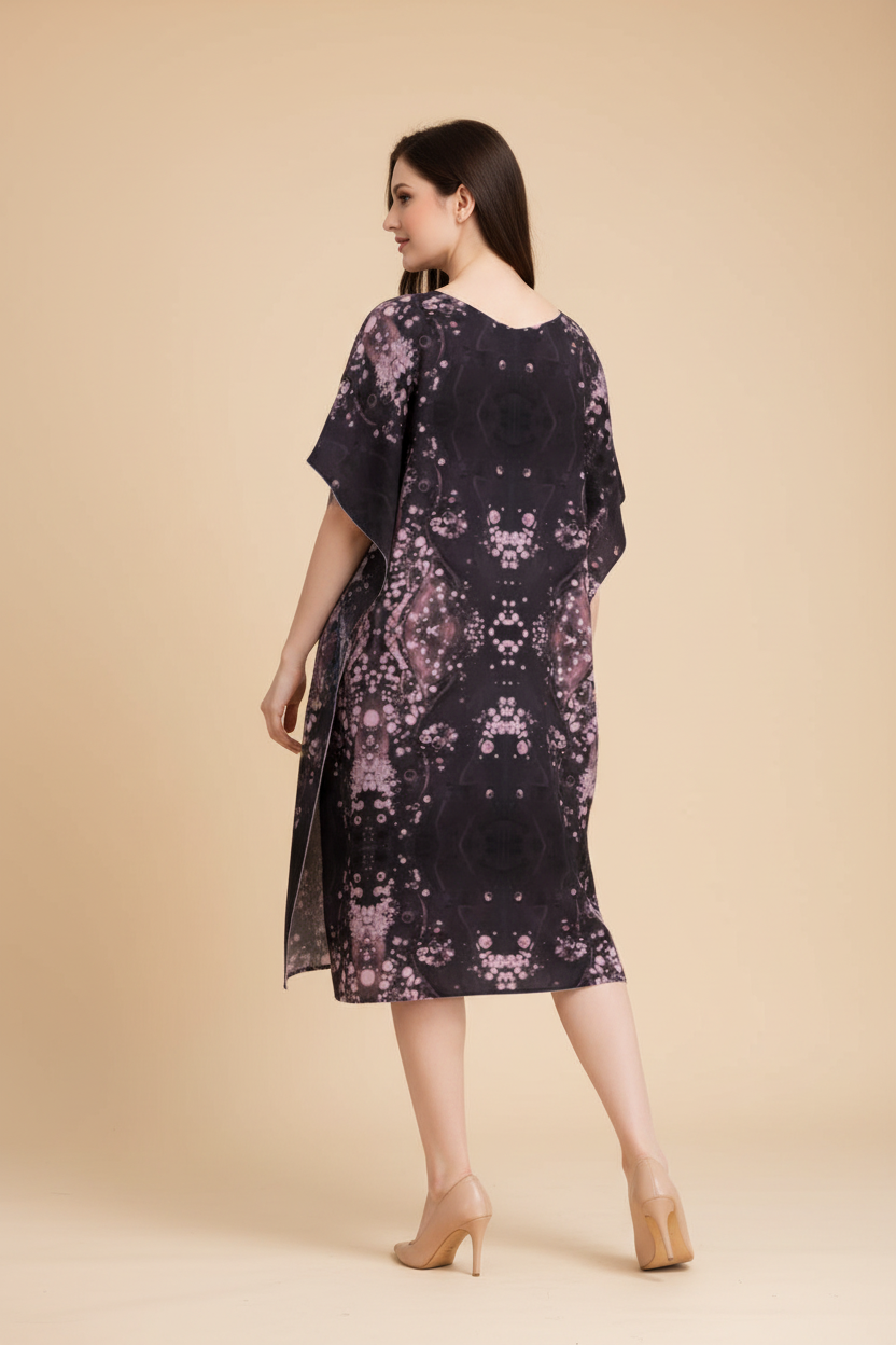 Snuggle Spot Purple Abstract Pattern Women’s Satin Kaftan Dress | Abstract Printed Free Size Kaftan (M–3XL) | Lightweight Breathable Lounge Wear | Stylish V-Neck Maxi Kaftan