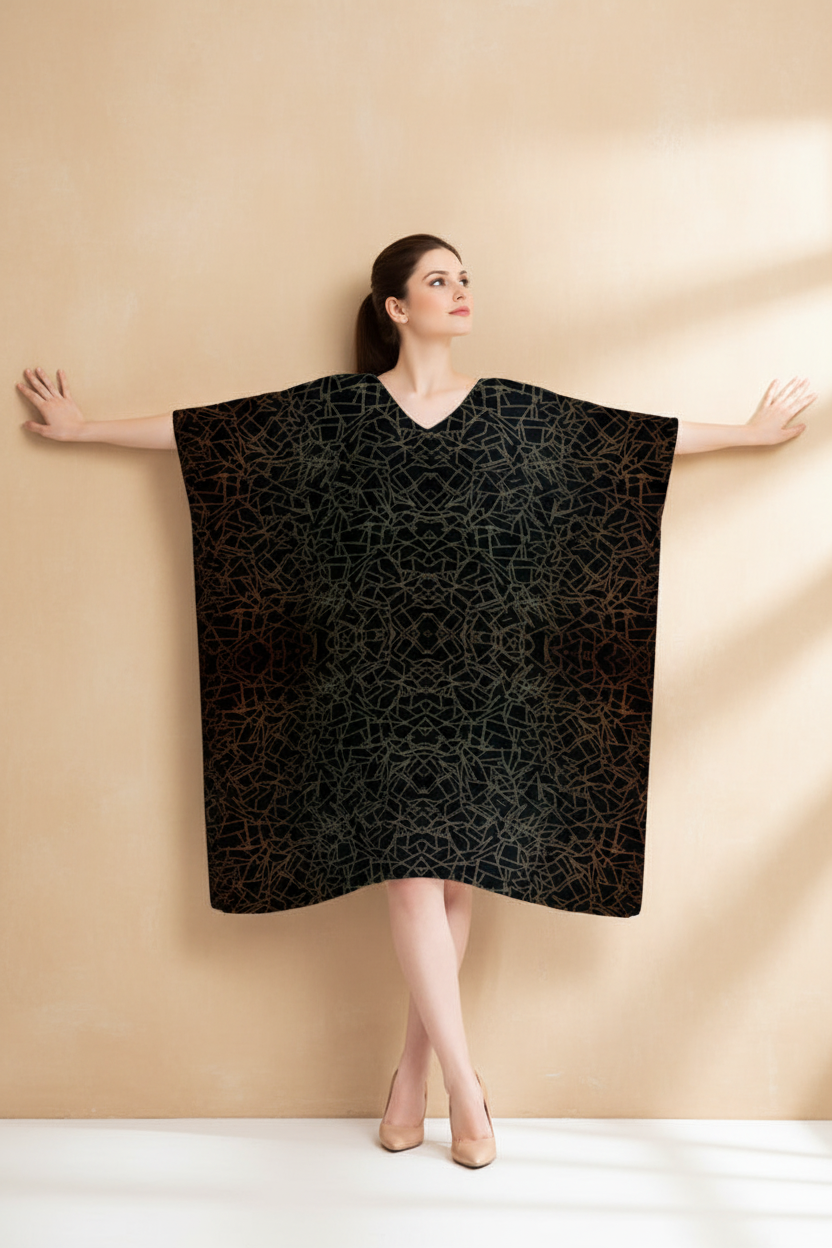 Snuggle Spot Black Line Abstract Pattern Women’s Satin Kaftan Dress | Abstract Printed Free Size Kaftan (M–3XL) | Lightweight Breathable Lounge Wear | Stylish V-Neck Maxi Kaftan